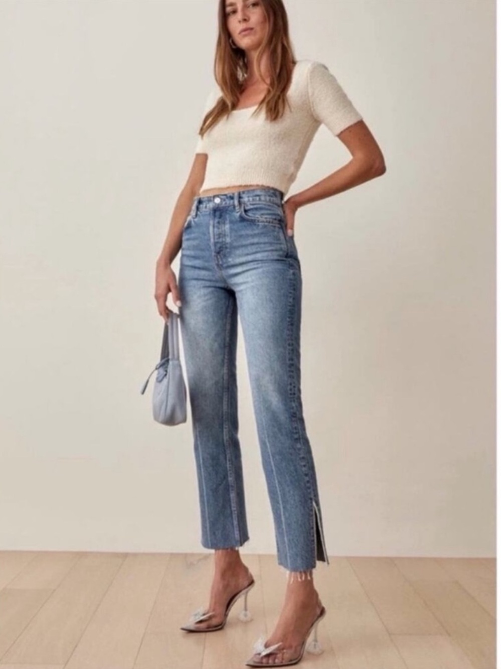 NWT Reformation - High Waist Gem Slit Raw Hem Straight Leg Jeans Sz 28
